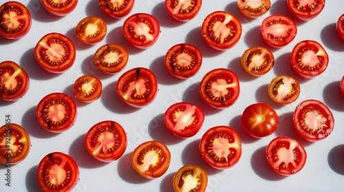 A symmetrical arrangement of juicy, vibrant red tomato slices, freshly grilled to perfection, laid out in a uniform pattern on a pristine white background, shot from directly above in a top view