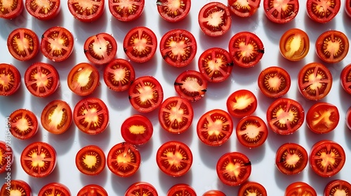 A symmetrical arrangement of juicy, vibrant red tomato slices, freshly grilled to perfection, laid out in a uniform pattern on a pristine white background, shot from directly above in a top view