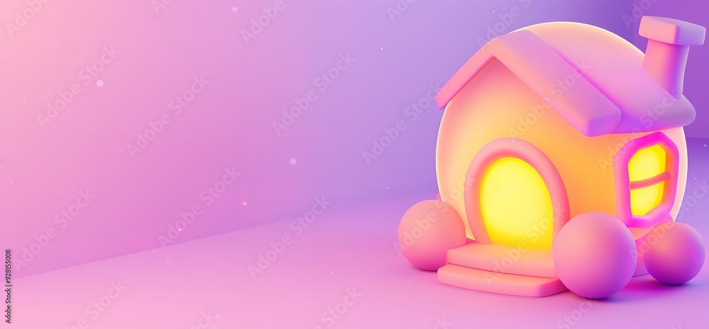 3D rendering of a cute little house with a glowing window and a soft pink background. 3D rendering of a cute little house with a glowing window and a soft pink background.