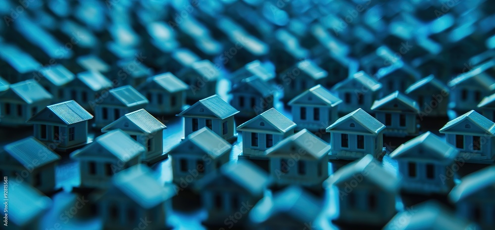 Abstract background image of a dense grouping of miniature houses in blue tones. Perfect for real estate or urban development themes. Abstract background image of a dense grouping of miniature houses in blue tones. Perfect for real estate or urban development themes.