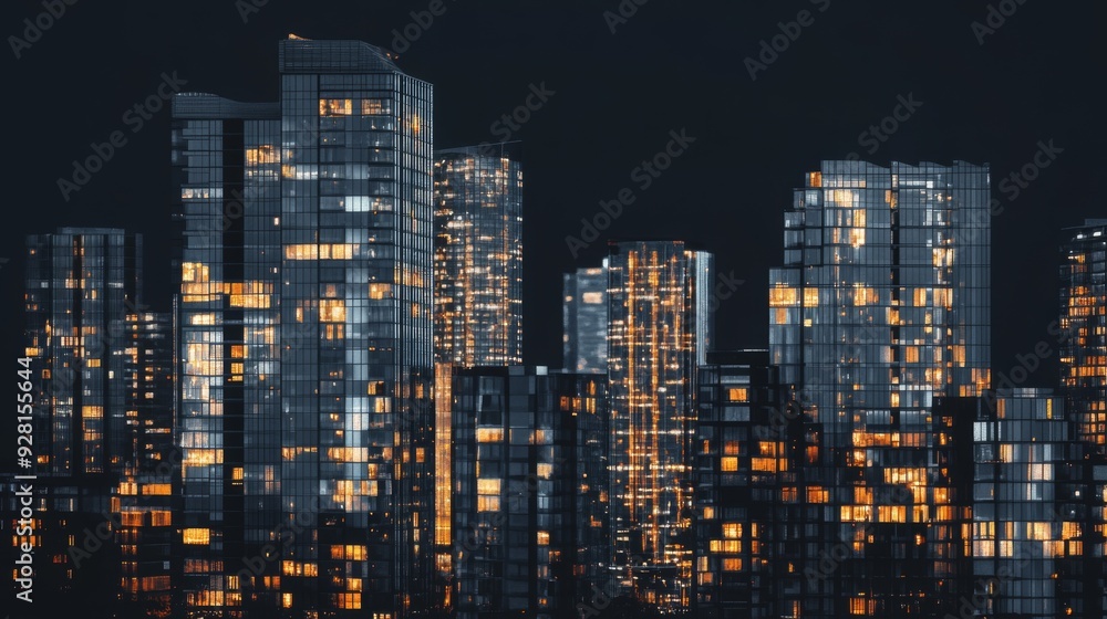 Cityscape at night with illuminated windows in skyscrapers. Cityscape at night with illuminated windows in skyscrapers.