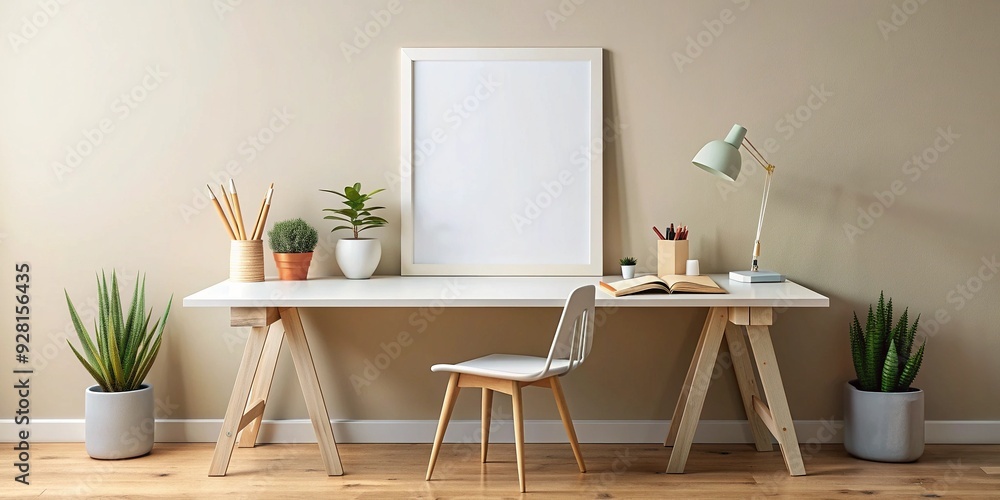 A minimalist white desk with a blank poster standing upright on a wooden table, surrounded by design tools and supplies, against a soft pastel background. A minimalist white desk with a blank poster standing upright on a wooden table, surrounded by design tools and supplies, against a soft pastel background.