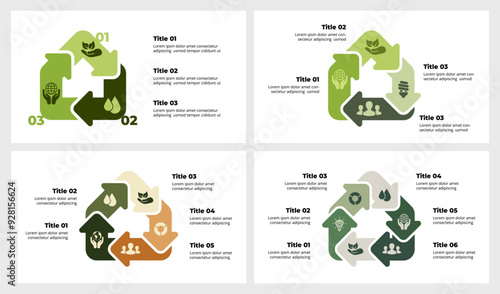 Ecology infographic. Sustainable home. Renewable energy. 3, 4, 5, 6 arrows diagram. Green house. Environmental care. Recycle innovations. Eco friendly real estate. Nature icon logo. Smart technology