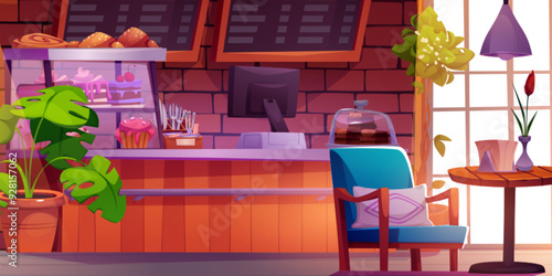 Cozy cafe interior with cakes and sweet desserts in glass showcase on wooden counter bar, table with armchair, blackboard with menu on wall, window and plants in pot. Cartoon coffee and bakery shop.