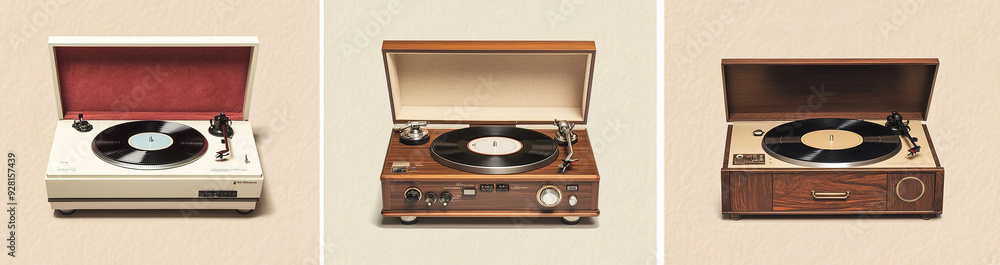 Fototapeta premium Showcasing three styles of vinyl record players: white plastic turntable with wooden base and red velvet cover, brown wood-grained player with cream paint and brass features, and a stylish beige recor