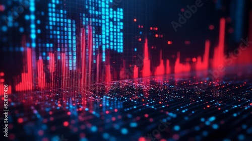 Wallpaper Mural A vibrant digital representation of sound waves and data, highlighting peaks and troughs in red and blue colors against a dark background Torontodigital.ca