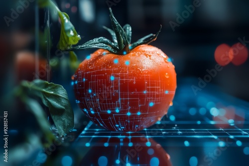 A vibrant tomato with digital circuitry patterns, symbolizing the fusion of technology and agriculture, set against a modern, illuminated background.