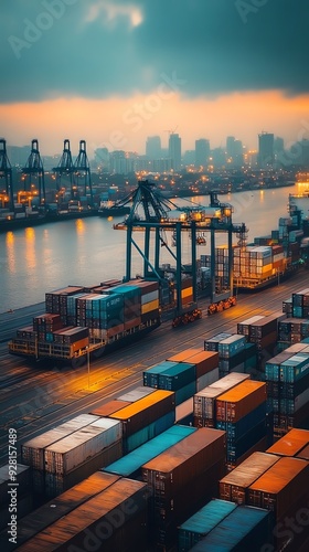 Wallpaper Mural Cargo containers at a busy port at sunset. Torontodigital.ca