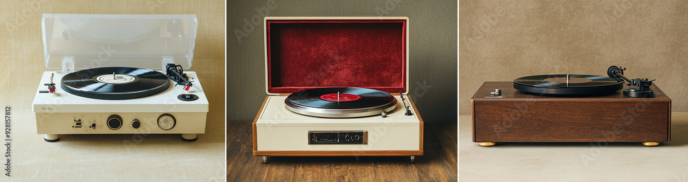 Fototapeta premium Variety of vinyl record players: a retro white plastic turntable with wooden base and red velvet cover, a sophisticated brown wood-grained model with cream paint and brass accents, and an elegant beig
