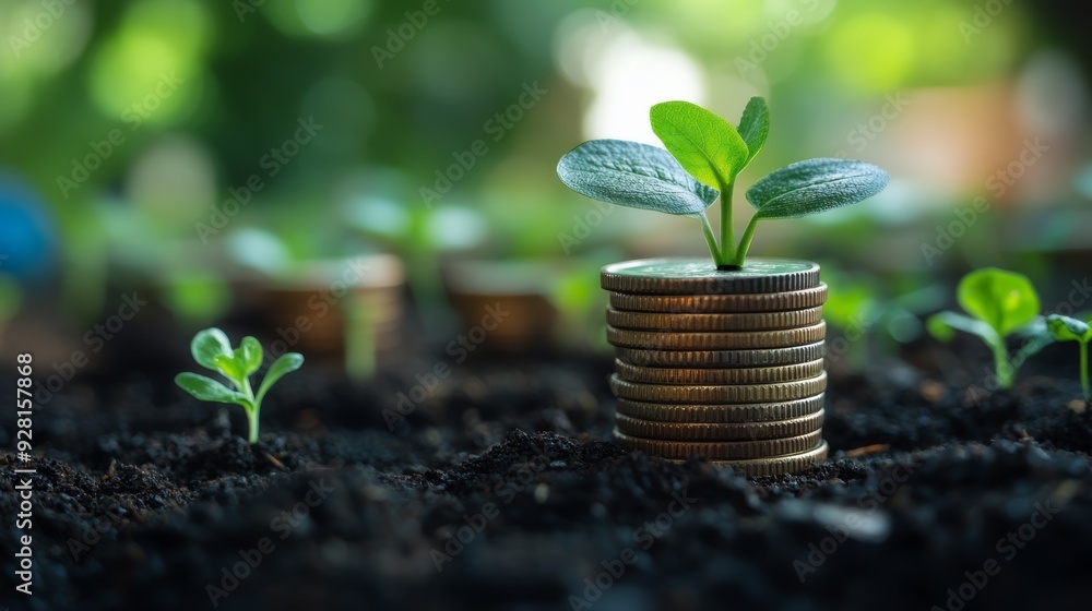 A stack of coins with a small green plant growing on top, surrounded by other seedlings in soil, symbolizing growth and investment A stack of coins with a small green plant growing on top, surrounded by other seedlings in soil, symbolizing growth and investment