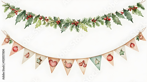 Christmas bunting clipart, made of natural materials, watercolor illustration, soft hues, isolated on white background