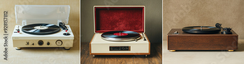 Variety of vinyl record players: a retro white plastic turntable with wooden base and red velvet cover, a sophisticated brown wood-grained model with cream paint and brass accents, and an elegant beig