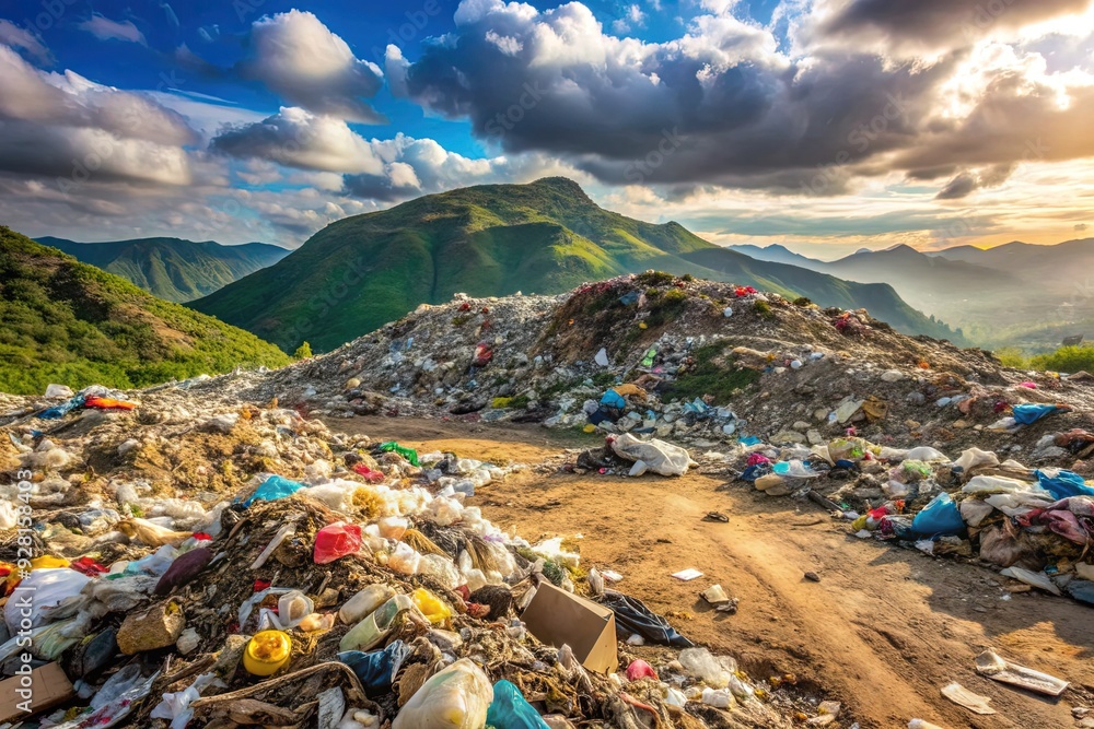 A mountain of trash and debris litters a desolate landscape, highlighting the devastating environmental impact of illegal dumping and reckless waste disposal practices. A mountain of trash and debris litters a desolate landscape, highlighting the devastating environmental impact of illegal dumping and reckless waste disposal practices.