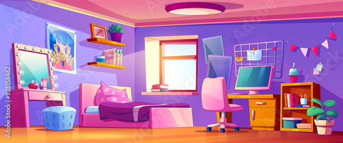 Teenage girl room interior with pink furniture and decor elements - cartoon bed and computer on table with chair, makeup mirror with cosmetics, posters and flags on wall, books and plant on shelf.