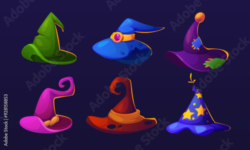 Magic fairy witch cap with pointy end and decorative elements. Cartoon vector illustration set of wizard hat for Halloween design. Fantasy spooky sorcerer magic costume item. Magician garment.