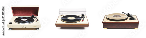 Three distinct styles of vinyl record players: a vintage white plastic turntable with wooden base and red velvet cover, a brown wood-grained record player with cream-colored paint and polished brass d