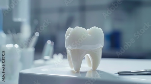 Close-up of a white tooth model, symbolizing dental care, hygiene, and oral health. The image highlights the importance of maintaining a healthy smile. photo