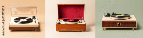 Three distinct styles of vinyl record players: a vintage white plastic turntable with wooden base and red velvet cover, a brown wood-grained record player with cream-colored paint and polished brass d