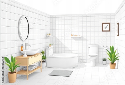 there is a white bathroom with a tub, sink, toilet and mirror. photo