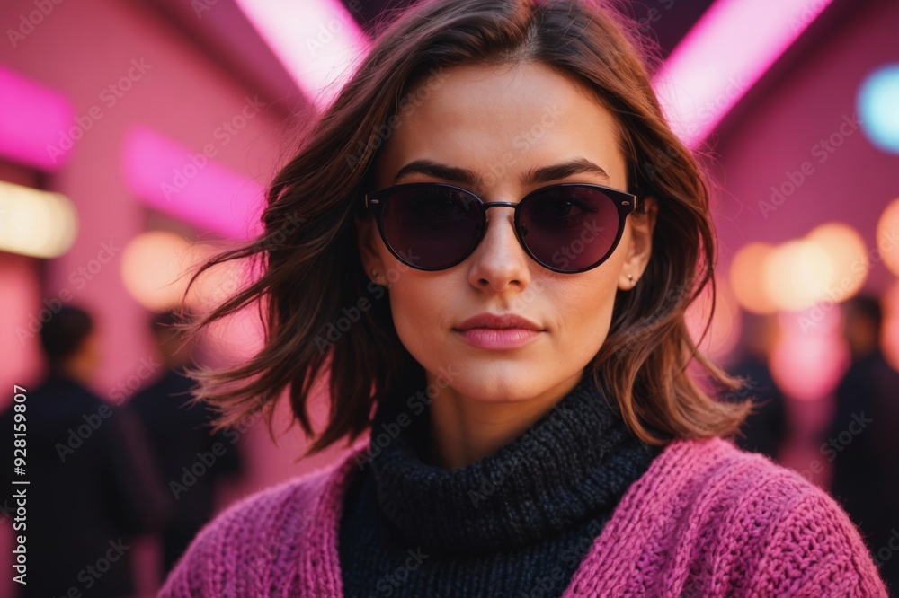 Close up portrait of young attractive calm woman wearing dark sunglasses in knitted warm sweater against pink background in neon light Close up portrait of young attractive calm woman wearing dark sunglasses in knitted warm sweater against pink background in neon light