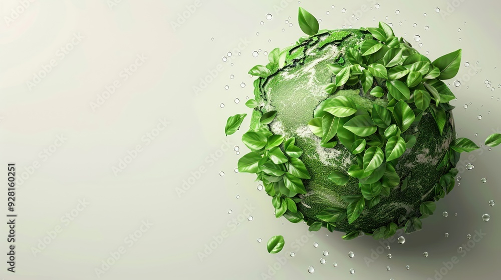 Illustration of a globe made of green leaves and water droplets symbolizing a sustainable and hydrated planet Illustration of a globe made of green leaves and water droplets symbolizing a sustainable and hydrated planet