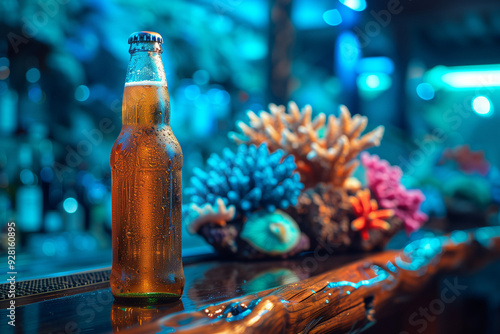 bottle of beer on a Black Walnut Slab table next to coral decoration with aquarium as background