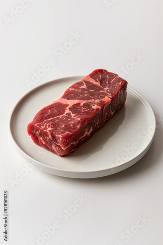 The raw beef steak rests on a round white plate with a minimal design, ready to be cooked.