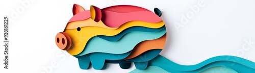 Colorful layered paper art of a piggy bank, representing saving money and creative design, ideal for financial and artistic concepts. photo