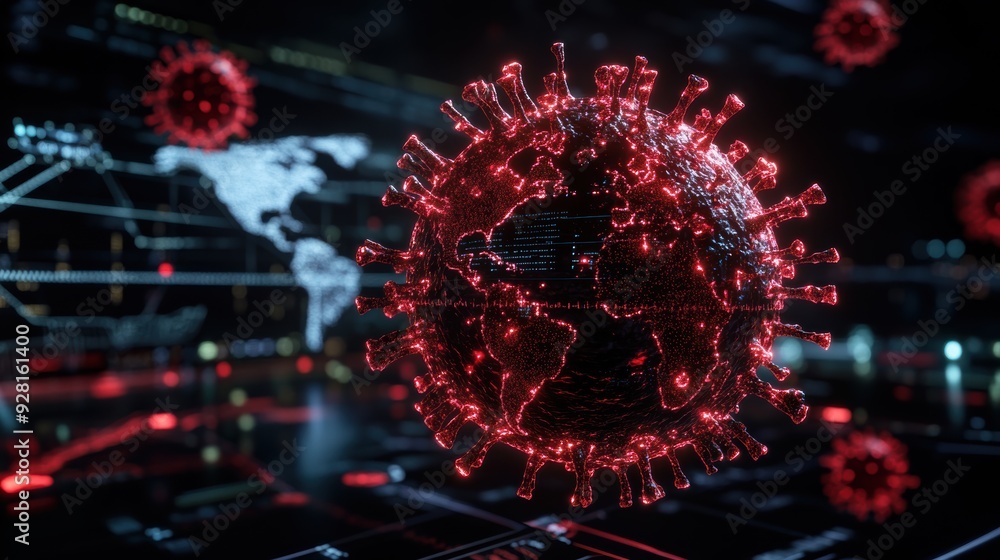 A digital visualization of a virus, with the Earth embedded in its structure, symbolizing the global spread of a pandemic on a futuristic interface. A digital visualization of a virus, with the Earth embedded in its structure, symbolizing the global spread of a pandemic on a futuristic interface.