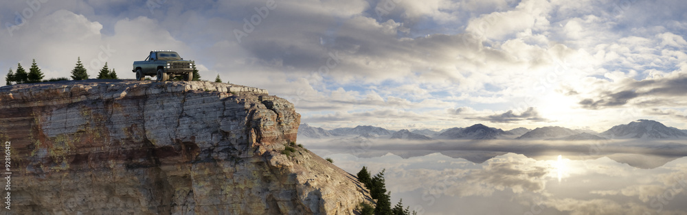 Fototapeta premium 4x4 Truck on Cliff Overlooking Majestic Mountain Landscape