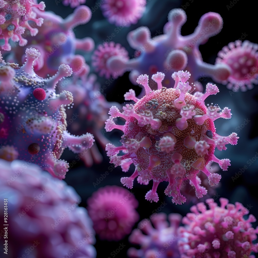 Intricate textures and spike proteins of virus particles are showcased in vibrant hues through this highly detailed 3D rendering.