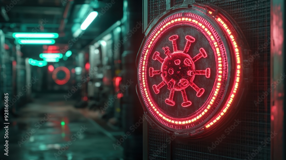 In a dark, industrial corridor, a glowing red virus hologram is projected on the wall, evoking a sense of a high-tech or dystopian environment. In a dark, industrial corridor, a glowing red virus hologram is projected on the wall, evoking a sense of a high-tech or dystopian environment.