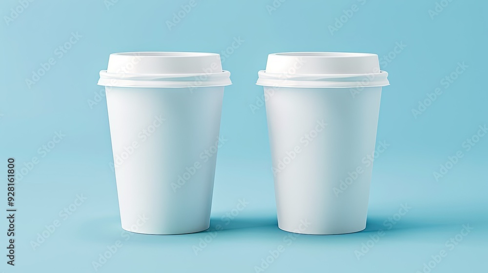 Two White Coffee Cups on a Blue Background Two White Coffee Cups on a Blue Background