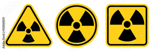 Set hazard danger yellow vector signs. Radiation or Radioactive sign, logo, badge, icon, sticker, label, emblem, stamp, symbol, black, line, flat vector, isolated illustration.