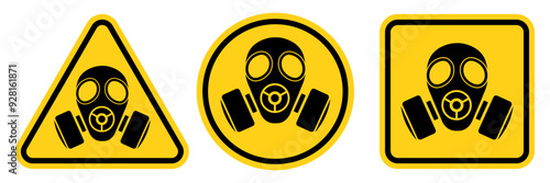 Set hazard danger yellow vector signs. Gas mask sign, logo, badge, icon, sticker, label, emblem, stamp, symbol, black, line, flat vector, isolated illustration.