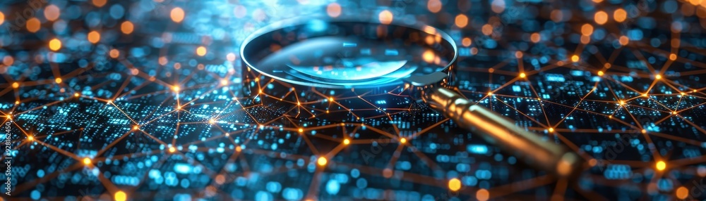 A magnifying glass rests on a digital network, symbolizing data analysis and exploration in a modern tech environment. A magnifying glass rests on a digital network, symbolizing data analysis and exploration in a modern tech environment.