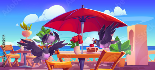 Pigeons sitting on table in seaside cafe. Vector cartoon illustration of comic street birds eating cake on outdoor restaurant table under umbrella, blue ocean view on sunny day, summer resort scene