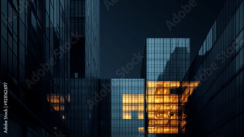 Dark modern glass skyscraper building at night with one window lit up with warm yellow light.