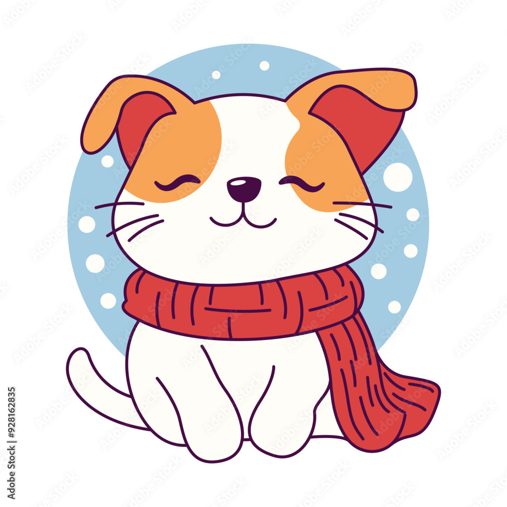 Fototapeta premium Cute Puppy Dog Pet Animal Wearing Scarf in Snow Winter Season with Happy Expression