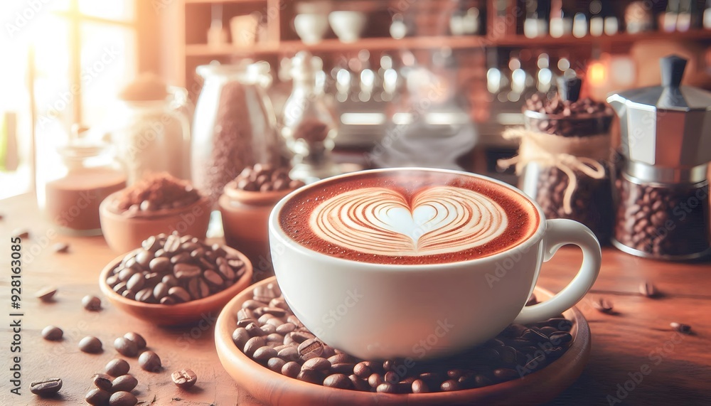 Steaming coffee, A steaming cup of latte art coffee resting on a wooden surface, surrounded by coffee beans Steaming coffee, A steaming cup of latte art coffee resting on a wooden surface, surrounded by coffee beans