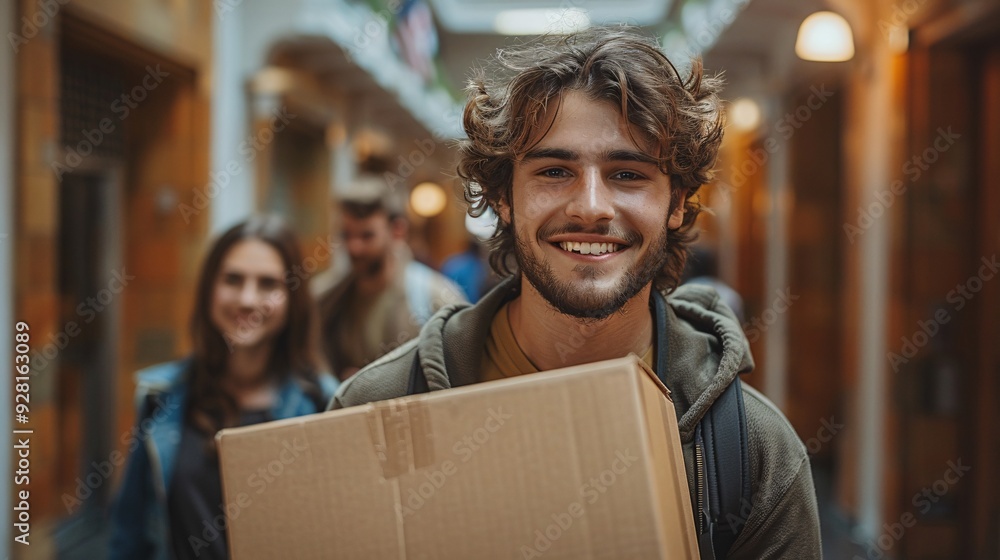 Smiling student carrying a box in a busy school hallway