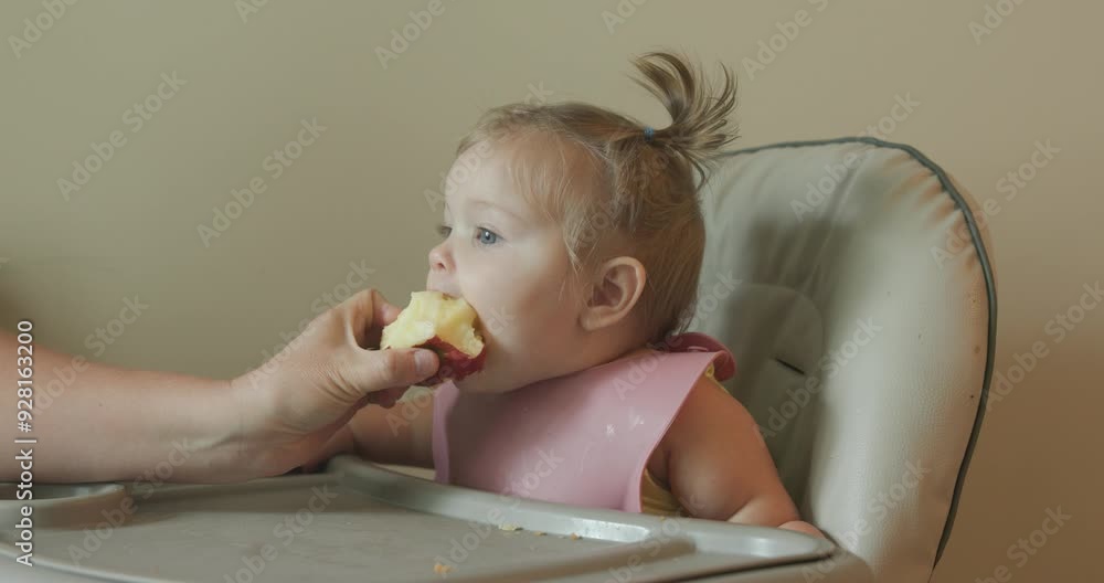 Toddler girl eating an apple in a high chair as she is introduced to fruits and vegetables Toddler girl eating an apple in a high chair as she is introduced to fruits and vegetables