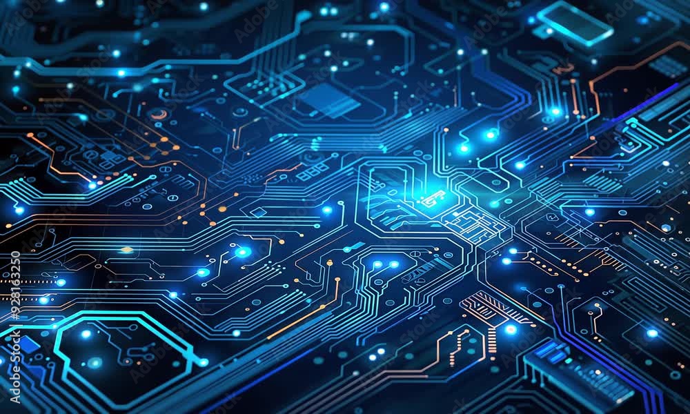 Abstract blue circuit board with glowing lights. Abstract blue circuit board with glowing lights.