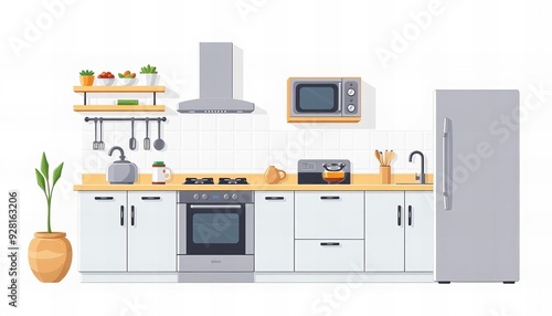 there is a kitchen with a stove, microwave, refrigerator and a potted plant.