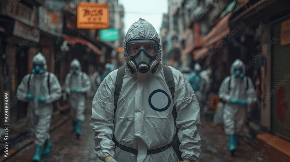 Hazmat-suited personnel patrolling a deserted urban street during a viral outbreak, focusing on containment, public safety, and disease control measures. Hazmat-suited personnel patrolling a deserted urban street during a viral outbreak, focusing on containment, public safety, and disease control measures.