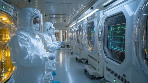 Scientists in full protective suits operating advanced equipment in a high-security laboratory, focusing on biohazard research, containment, and disease prevention.