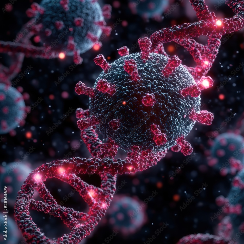 Obraz premium Detailed 3D rendering of a virus particle closely entwined with a DNA strand, illustrating the connection between viral infection and genetic material.