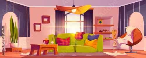 Cozy living room interior design. Vector cartoon illustration of modern apartment with cushions on comfortable couch, books on shelf, wooden frames on wall, hygge style armchair, sunlight in window