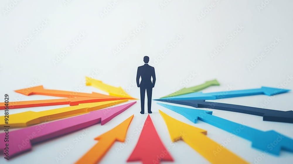 Businessman standing at the center of colorful arrows, representing decision making and direction in business or career choices. Businessman standing at the center of colorful arrows, representing decision making and direction in business or career choices.