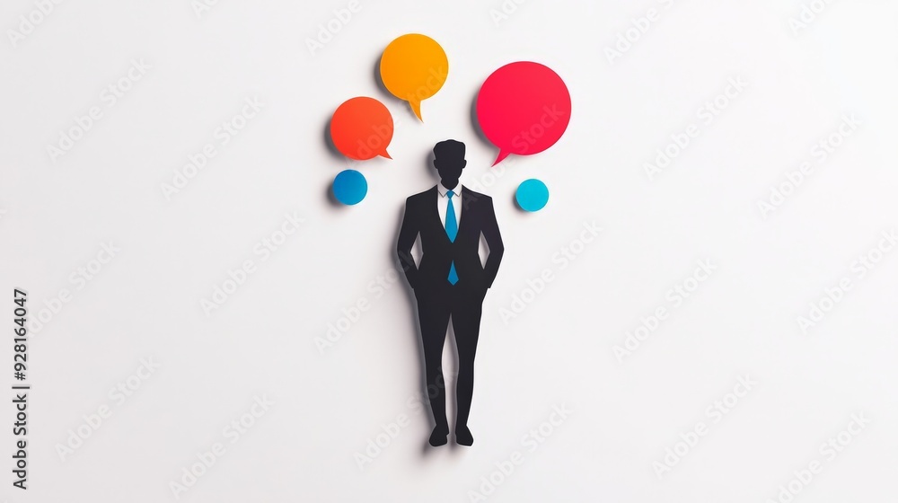 Businessman silhouette with colorful speech bubbles, representing communication and idea exchange in a professional setting. Businessman silhouette with colorful speech bubbles, representing communication and idea exchange in a professional setting.